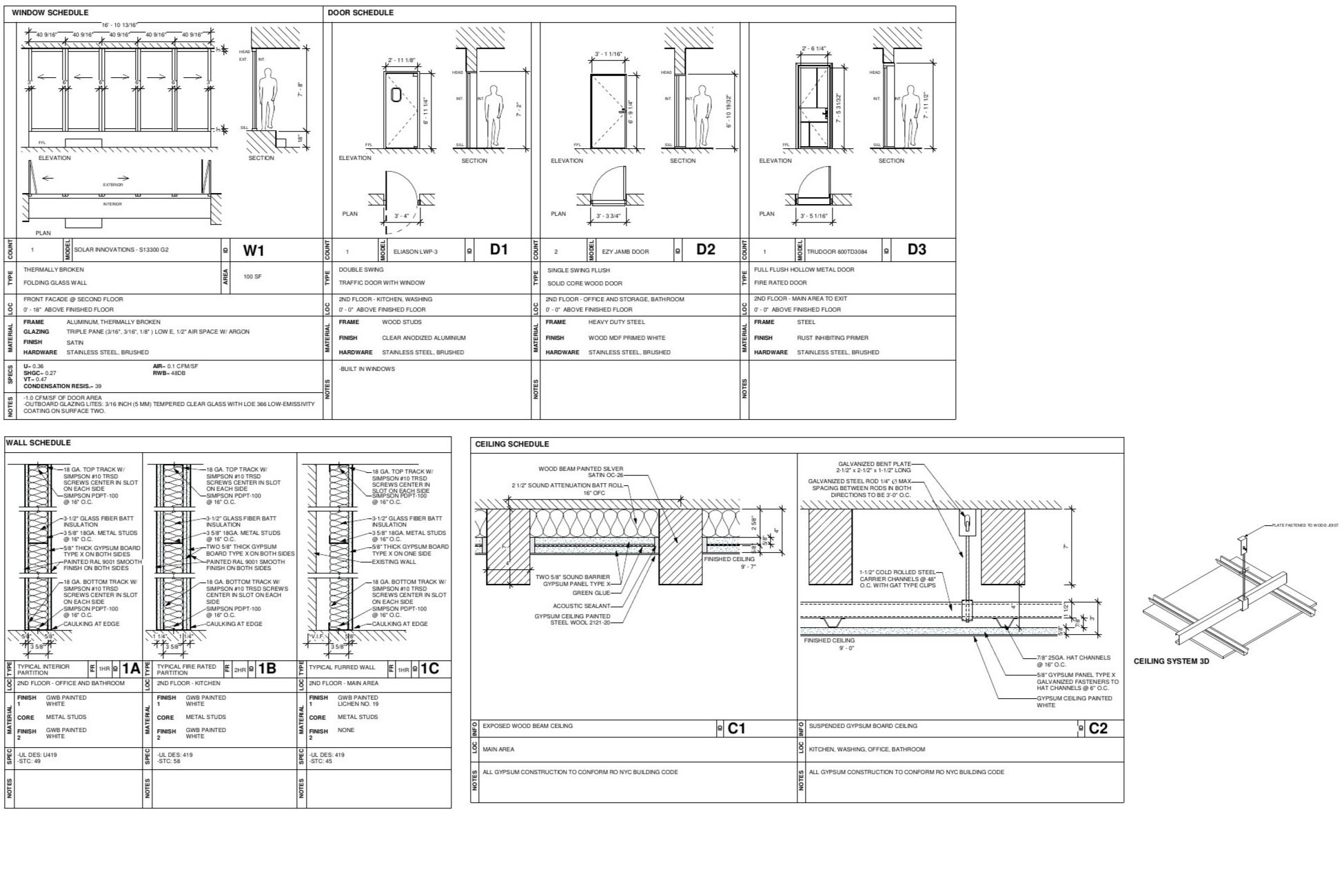 Window, door, wall, and ceiling schedules with construction 